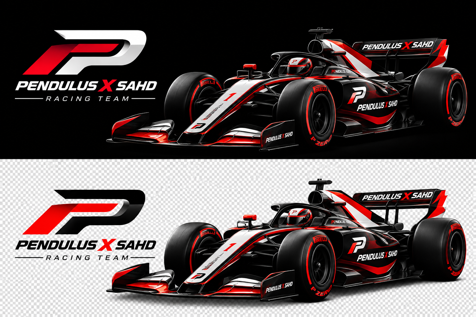 Pendulus X SAHD racing team logo and black, red, and white race car on a black background