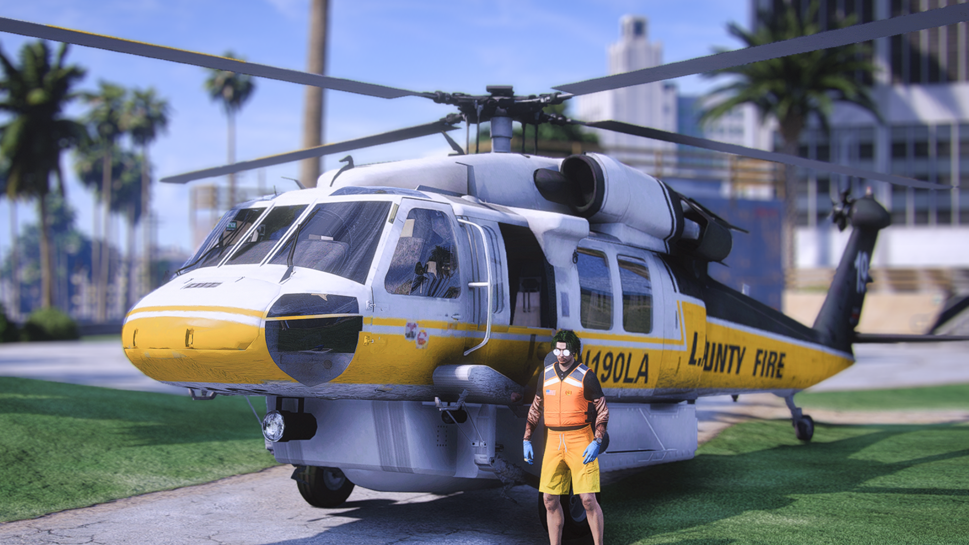 Yellow and white fire rescue helicopter on the ground